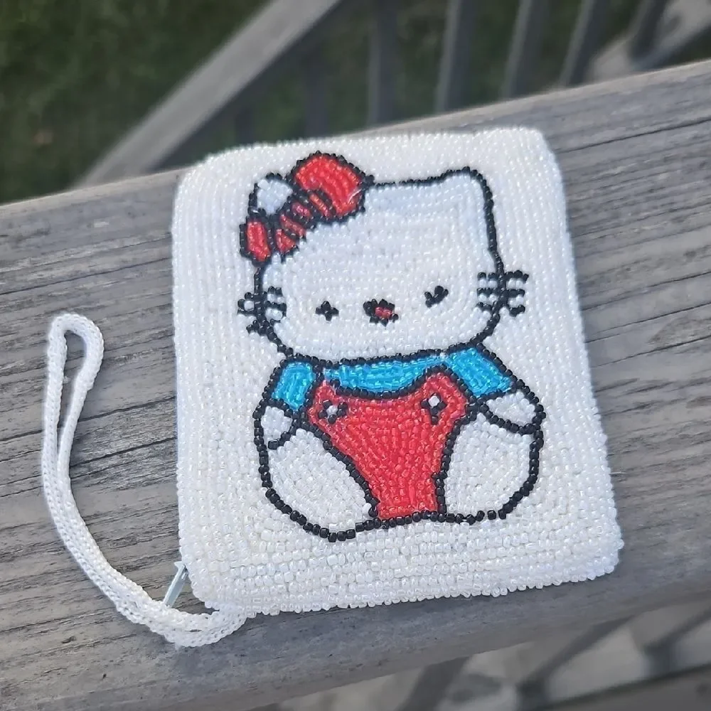Hello Kitty Beaded Coin Purse Zip Pouch Wristlet